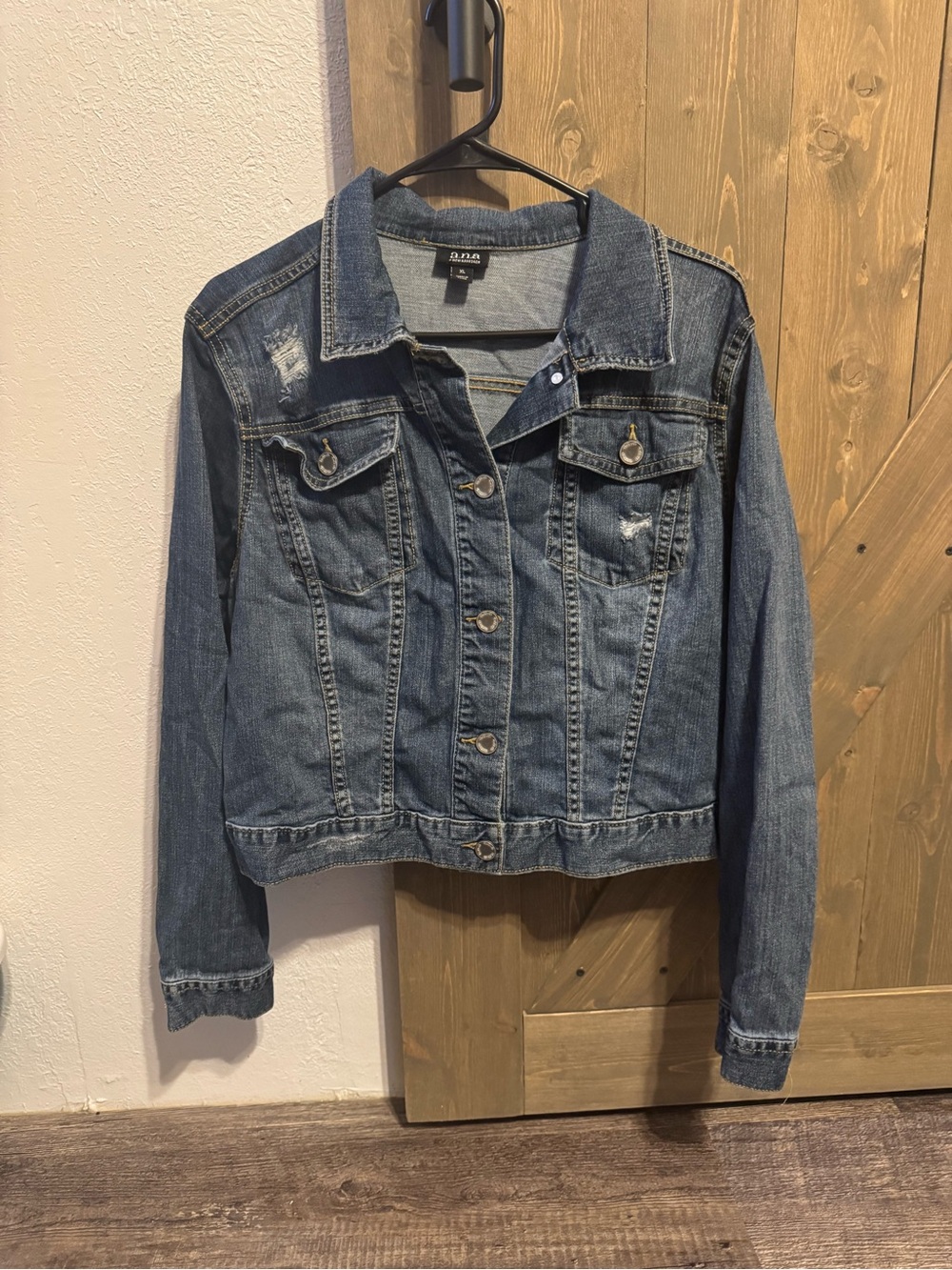 a.n.a Classic Blue Denim Jacket with Distressed Accents